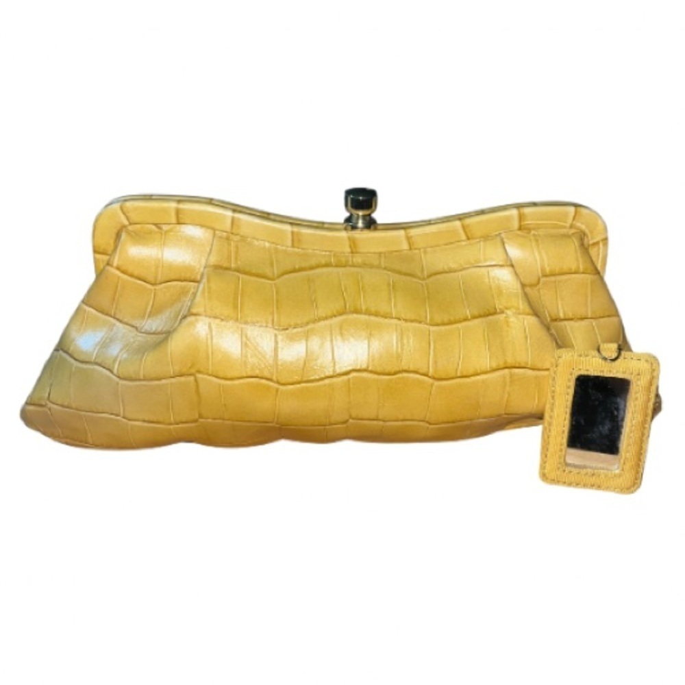 Banana Republic mustard croc-embossed leather clutch w/attached small mirror